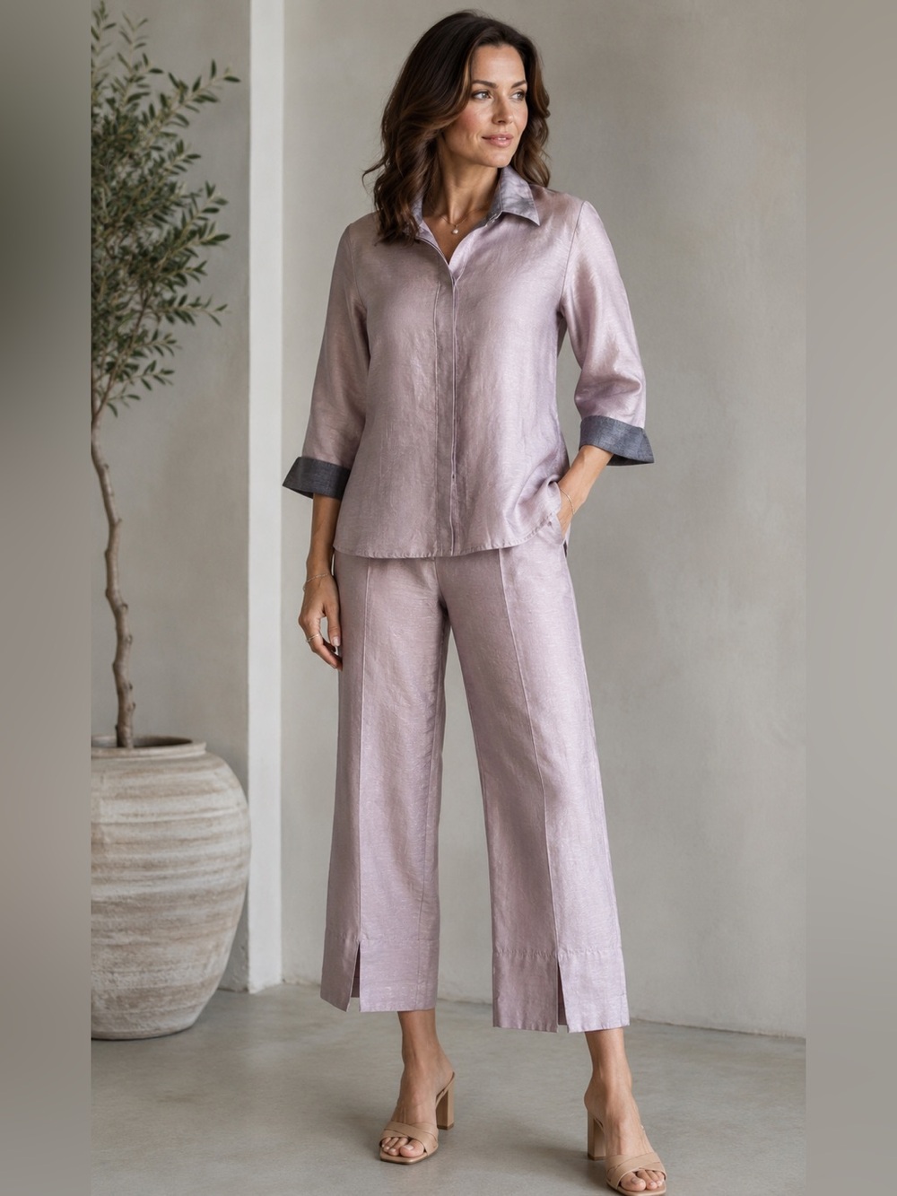 Krakerz Linen & Viscose Blend Lilac Two-Piece Set size medium